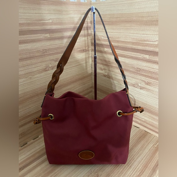 Dooney and Bourke Burgundy Nylon Shoulder Bag with Leather Straps and Accents - Picture 1 of 10